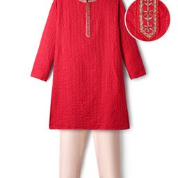 EARTHY TOUCH Cotton Woven Full Sleeves Embroidered Kurta Pajama Set - Red-image-58