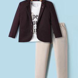 Rikidoos Open Your Mind Text Printed Tee & Pant With Full Sleeves Textured Blazer Set - Wine & Beige-image-52