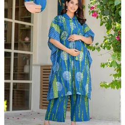 Aujjessa Cotton Woven Half Batwing Sleeves Abstract Printed Maternity Kurti With Front Open Nursing Access & Coordinating Pant Set - Blue & Green-picture-49