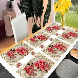 REVEXO 12-Pcs Beige& Pink Printed Table Placemats&Coasters-11