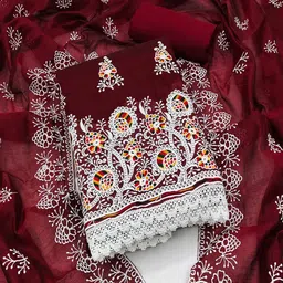 Peachmode Floral Embroidered Thread Work Chanderi Cotton Unstitched Dress Material-image-28