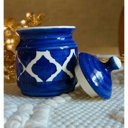 Niyara Multipurpose Storage Ceramic Pickle set Jars & with Lid & tray (Set of 2, 300 ML) (Blue) image 4