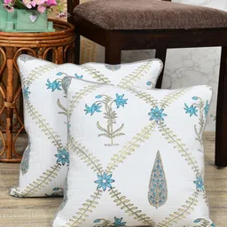 Clasiko Blue & White 2 Pieces Floral Printed Cotton Square Cushion Covers image 2