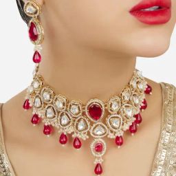 Zaveri Pearls Pink Beads Dazzling Austrian Diamonds Stones Choker Necklace & Earring Set-ZPFK18058-picture-6