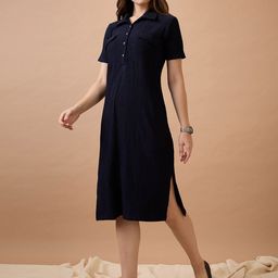 Globus Self Design Shirt Collar Pocket Detail Midi Sheath Workwear Dress-image-11