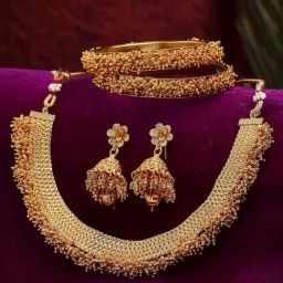 Zeneme Gold Plated Stone Studded Beaded Temple Jewellery Set-image-10