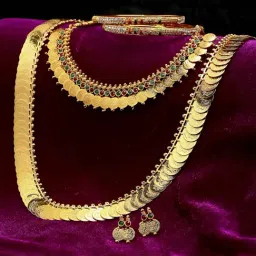 Zeneme Gold Plated Red Stone Studded Temple Jewellery Set-image-43