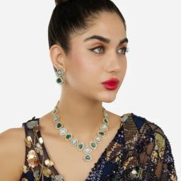 Zaveri Pearls Turquoise Blue Green Stones Austrian Diamonds Necklace & Earring Set-ZPFK18025-15