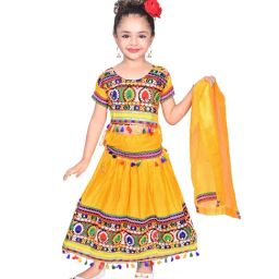 Ahhaaaa Kids Yellow Embroidered Choli, Lehenga with Dupatta-image-21