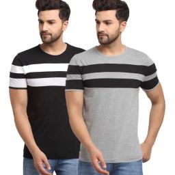 Vimal Jonney Black & Grey Regular Fit Striped T-Shirt - Pack of 2-image-90