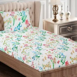 SEJ by Nisha Gupta Floral Blue 160 TC Cotton Single Bed Sheet with 1 Pillow Cover-picture-18