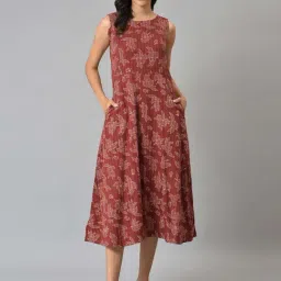 W Rust Cotton Floral Print A-Line Dress-image-7