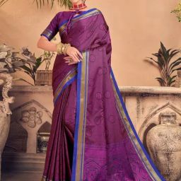 Satrani Magenta & Blue Embellished Saree With Unstitched Blouse-image-26
