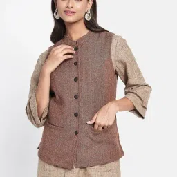 Fabindia Brown Woven Pattern Nehru Jacket-image-1