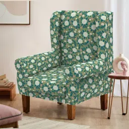 Chumbak Spring Marigold Floral Green Sheesham Wood Begum Wing Chair-image-19