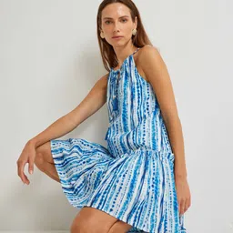 Koton Women Tie and Dye Tie-Up Neck A-Line Dress-image-34