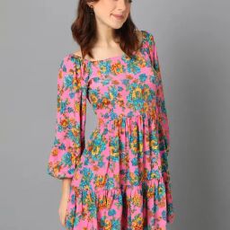 Kotty Pink & Blue Floral Print A Line Dress-image-74