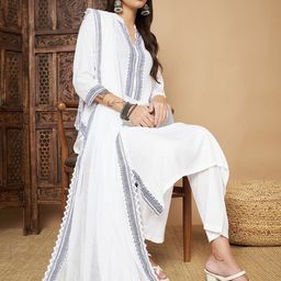 HETVI CREATION Ethnic Motifs Printed Mandarin Collar Straight Kurta with Trouser & Dupatta image 4