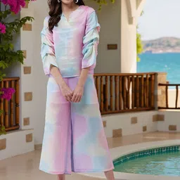 Zima Leto Digital Printed Pleated Sleeves Top With Trousers Co-Ords-image-10