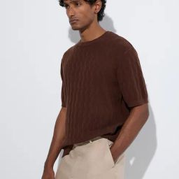 Ascot by Westside Brown Knit-Textured Relaxed-Fit Cotton T-Shirt-picture-14