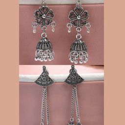 NVR Silver Oxidized Jhumki Earrings Set of 2-57