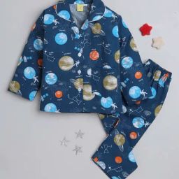 The Magic Wand Kids Navy Cotton Printed Full Sleeves Shirt Set-image-75