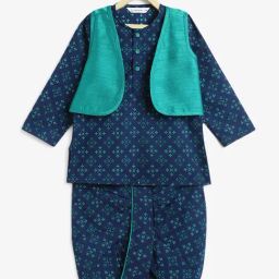 Campana Kids Blue & Green Printed Full Sleeves Kurta, Dhoti with Jacket-image-37