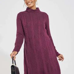 Styli Purple Crochet Pattern A-Line Winter Dress-image-56