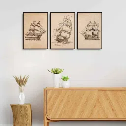 999Store Brown Canvas Wall Painting Panel With Fibre Frame - Set of 3 image 1