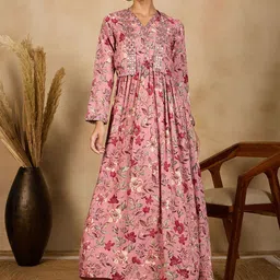 WineRed Women Floral Print Fit & Flare Maxi Dress With Jacket-4