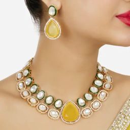 Zaveri Pearls Yellow Stone Green Meenakari Austrian Diamonds Necklace & Earring Set-ZPFK18066-image-26