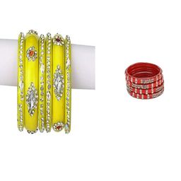 SOMIL Set of 10 Yellow Alloy Artificial Stones & Beads Bangles-image-94