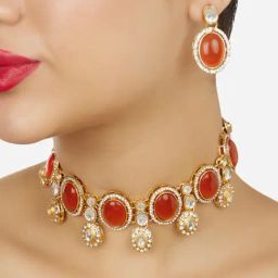 Zaveri Pearls Orange Stones Austrian Diamonds Embellished Choker Necklace & Earring Set-ZPFK18074-image-80