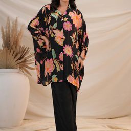 JISORA Women's Black Printed Russian Silk Co-Ord Set-image-33