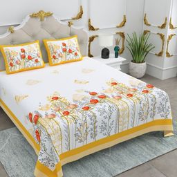 BED-SHEET.COM Yellow & White Floral Printed Cotton 260 TC King Bedsheet Set 2.74m x 2.74m-image-65