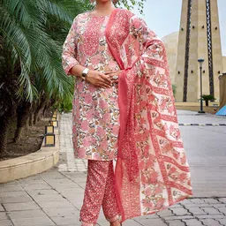 DIVASTRI Women Floral Printed Regular Kurta with Trousers & With Dupatta image 4