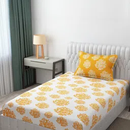 HIDECOR White & Yellow Floral Printed 210 TC Single Bedsheet with 1 Pillow Covers-picture-8