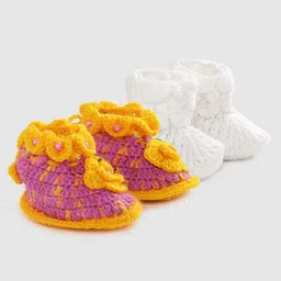 MayRa Knits Pair Of 2 Pearl Embellished Hand Knitted Booties - White-picture-0