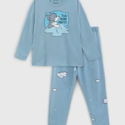 Nap Chief Pure Cotton Full Sleeves Tom And Jerry Theme Printed Night Suit - Blue-image-4