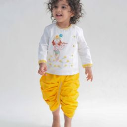 Tiber Taber Full Sleeves Lord Krishna Embroidered Kurta Dhoti - White-image-97