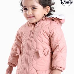 Babyoye Woven Full Sleeves Padded Hood Sherpa Lined Jacket With Solid Colour - Peach-image-30