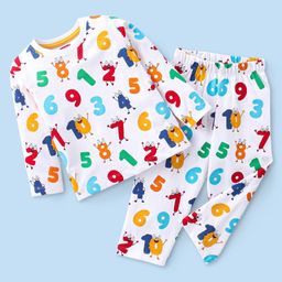 Babyhug Cotton Knit Full Sleeves Night Suit With Numbers Print - White-image-36