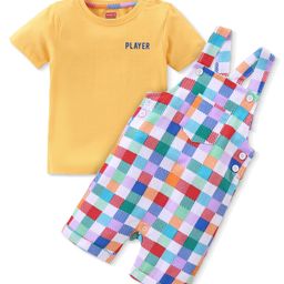 Babyhug Single Jersey  Knit Checkered Dungaree & Half Sleeves T-Shirt with Text Print - Multicolour-picture-4