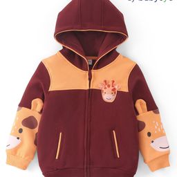 Babyoye 100% Cotton Full Sleeves Colour Block Hooded Sweatshirt Giraffe Print - Maroon & Orange-image-17
