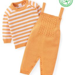 Babyhug Knit Winter Wear Dungaree with Full Raglan Sleeves Inner Tee with Stripe Design - Light Orange-picture-23