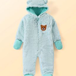 Babyhug Fur Full Sleeves Bear Embroidered Footed & Hooded Winter Romper - Aqua Blue-image-20