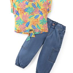 Babyhug Cotton Knit Half Sleeves Tropical Printed Top & Denim Jeans Set - Multicolor-image-90