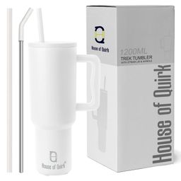 House of Quirk 1200ml Stainless Steel Tumbler Hot and Cold with Handle and Lid 2 Straw -White-image-91