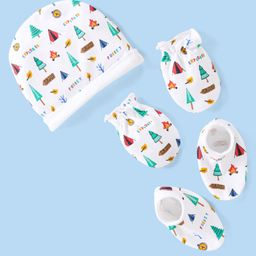 Babyhug Cotton Cap Mittens & Booties with Forest Print - White-image-60