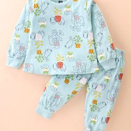 Evimo Single Jersey Full Sleeves Night Suit with Plant & Animal Print - Blue-image-15